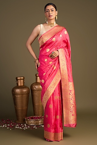 Peach Pink Pure Silk Printed Banarasi Handloom Saree Set by Zal From Benaras