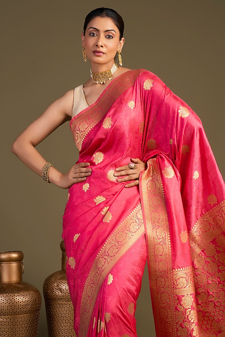 Peach Pink Pure Silk Printed Banarasi Handloom Party Wear Saree Set by Zal From Benaras at Pernia's Pop Up Shop