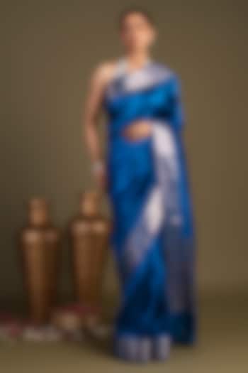 Royal Blue Pure Katan Silk Embroidered Banarasi Handloom Party Wear Saree Set by Zal From Benaras at Pernia's Pop Up Shop