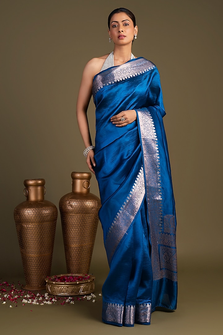 Royal Blue Pure Katan Silk Embroidered Banarasi Handloom Party Wear Saree Set by Zal From Benaras at Pernia's Pop Up Shop