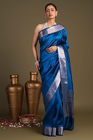 Royal Blue Pure Katan Silk Embroidered Banarasi Handloom Saree Set by Zal From Benaras