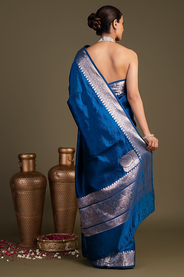 Royal Blue Pure Katan Silk Embroidered Banarasi Handloom Party Wear Saree Set by Zal From Benaras at Pernia's Pop Up Shop