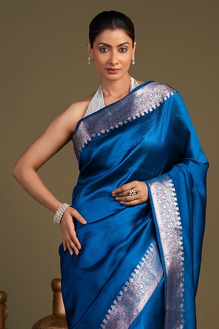 Royal Blue Pure Katan Silk Embroidered Banarasi Handloom Party Wear Saree Set by Zal From Benaras at Pernia's Pop Up Shop