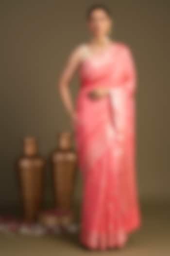 Peach Pure Monga Silk Printed Banarasi Handloom Festive Saree Set by Zal From Benaras at Pernia's Pop Up Shop