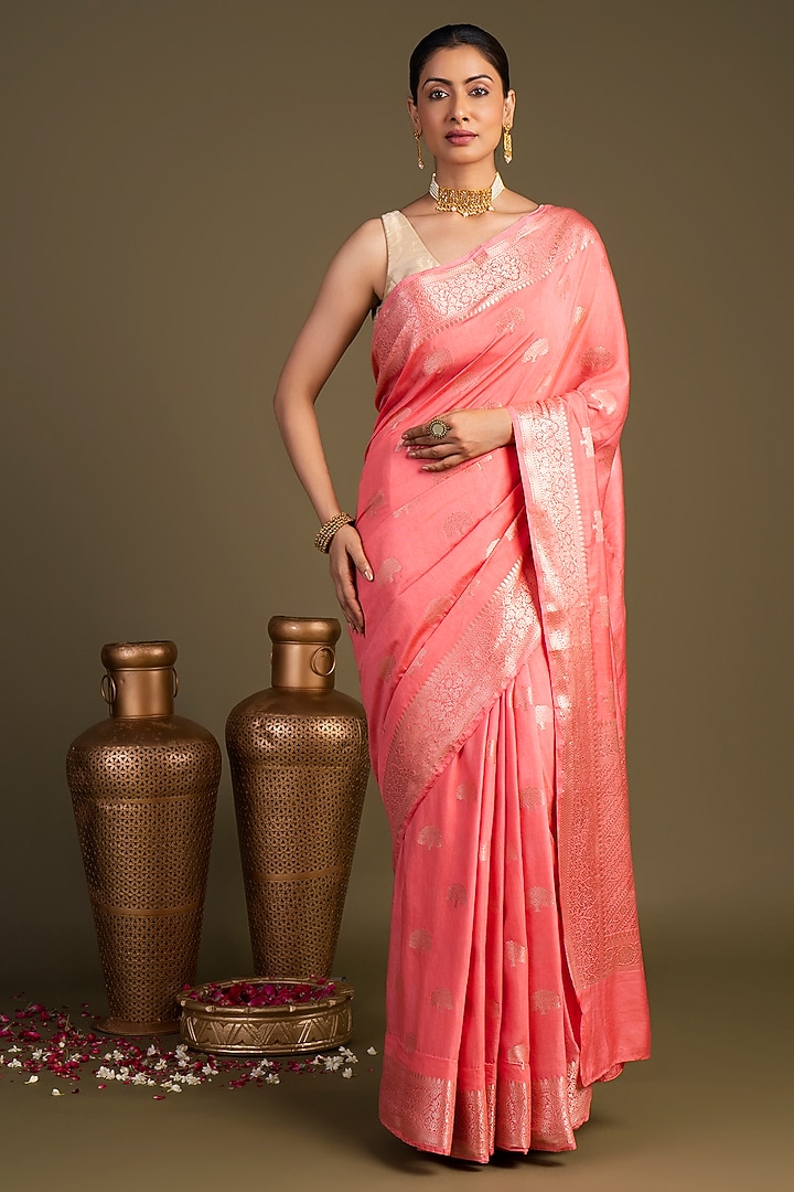 Peach Pure Monga Silk Printed Banarasi Handloom Festive Saree Set by Zal From Benaras at Pernia's Pop Up Shop