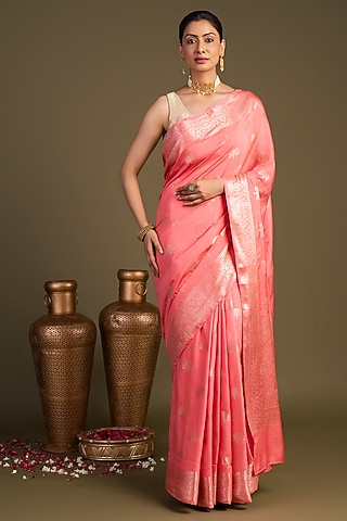 Peach Pure Monga Silk Printed Banarasi Handloom Saree Set by Zal From Benaras