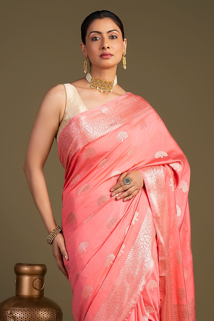 Peach Pure Monga Silk Printed Banarasi Handloom Festive Saree Set by Zal From Benaras at Pernia's Pop Up Shop