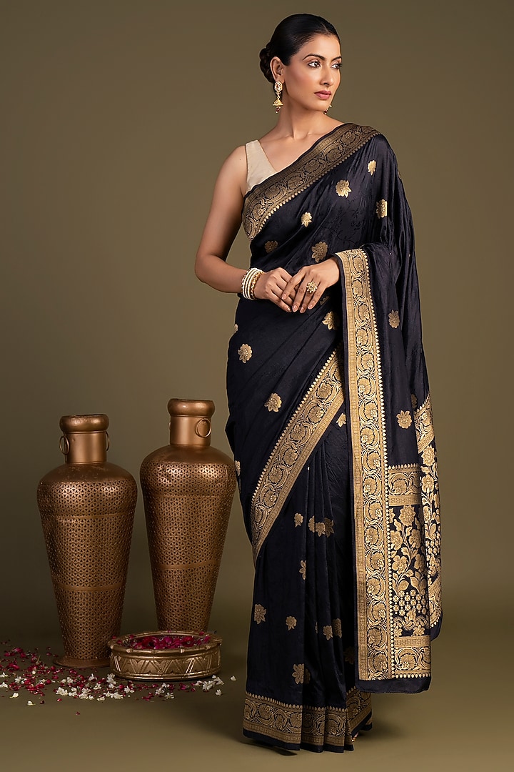 Black Pure Silk Printed Banarasi Handloom Party Wear Saree Set by Zal From Benaras at Pernia's Pop Up Shop