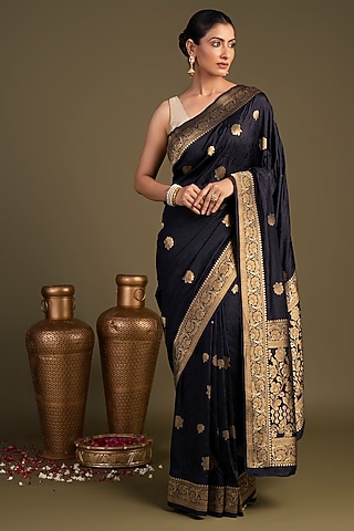 Black Pure Silk Printed Banarasi Handloom Saree Set by Zal From Benaras