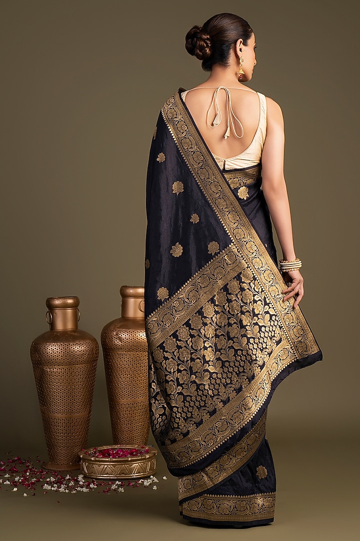 Black Pure Silk Printed Banarasi Handloom Party Wear Saree Set by Zal From Benaras at Pernia's Pop Up Shop