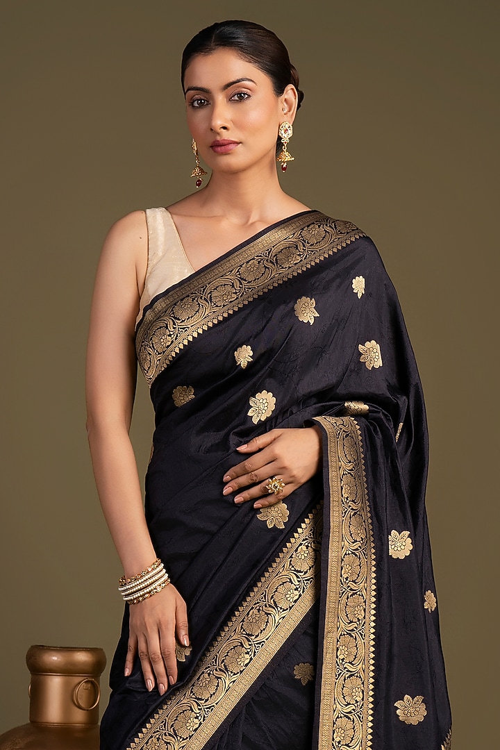 Black Pure Silk Printed Banarasi Handloom Party Wear Saree Set by Zal From Benaras at Pernia's Pop Up Shop