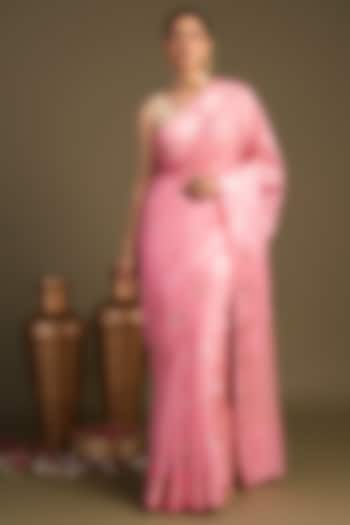 Baby Pink Pure Silk Printed Banarasi Handloom Party Wear Saree Set by Zal From Benaras at Pernia's Pop Up Shop