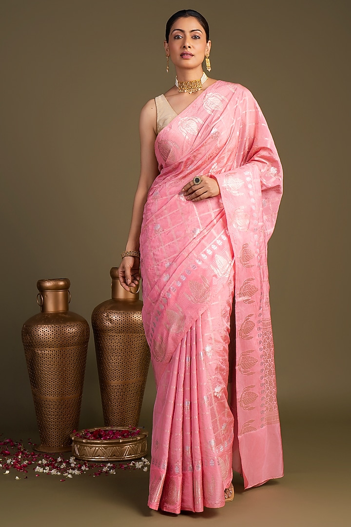 Baby Pink Pure Silk Printed Banarasi Handloom Party Wear Saree Set by Zal From Benaras at Pernia's Pop Up Shop
