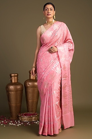 Baby Pink Pure Silk Printed Banarasi Handloom Saree Set by Zal From Benaras