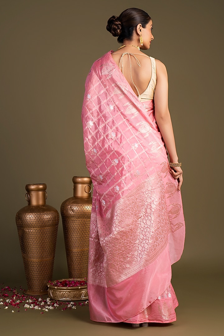 Baby Pink Pure Silk Printed Banarasi Handloom Party Wear Saree Set by Zal From Benaras at Pernia's Pop Up Shop