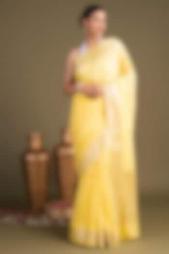 Lemon yellow Pure Monga Silk Printed Banarasi Handloom Festive Saree Set by Zal From Benaras at Pernia's Pop Up Shop