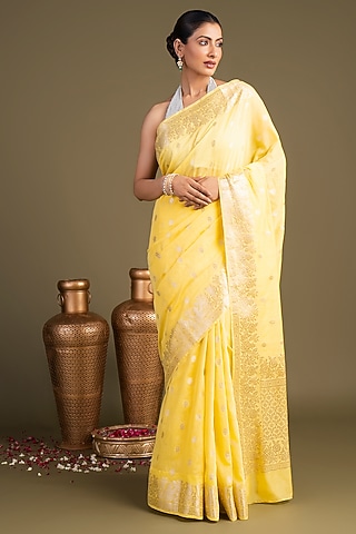 Lemon yellow Pure Monga Silk Printed Banarasi Handloom Saree Set by Zal From Benaras