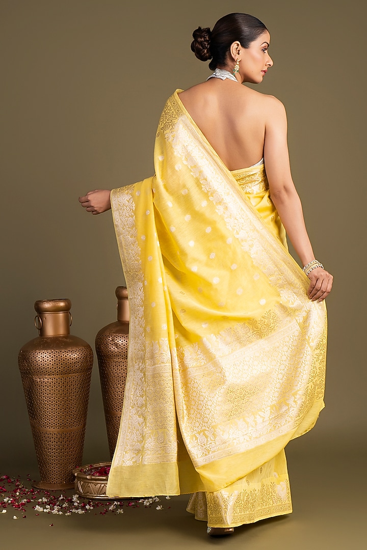 Lemon yellow Pure Monga Silk Printed Banarasi Handloom Festive Saree Set by Zal From Benaras at Pernia's Pop Up Shop
