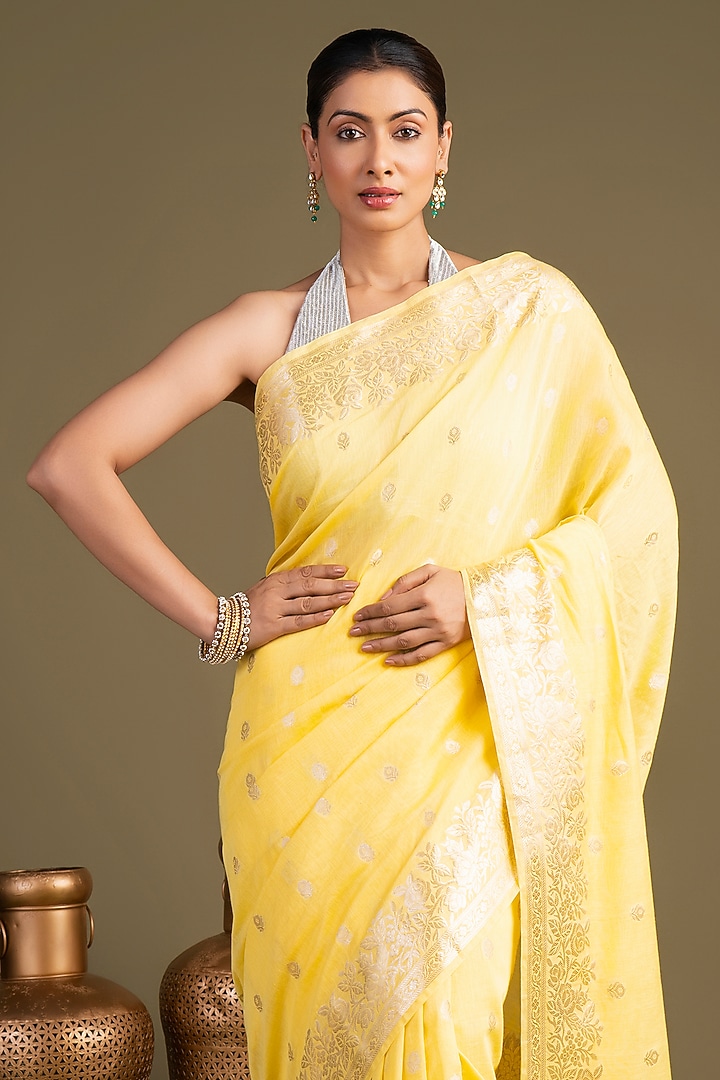 Lemon yellow Pure Monga Silk Printed Banarasi Handloom Festive Saree Set by Zal From Benaras at Pernia's Pop Up Shop
