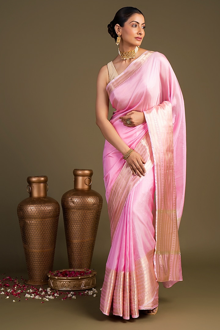 Pink Pure Silk Brocade & Printed Banarasi Handloom Party Wear Saree Set by Zal From Benaras at Pernia's Pop Up Shop