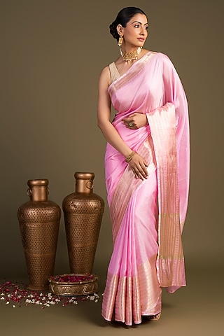 Pink Pure Silk Brocade & Printed Banarasi Handloom Saree Set by Zal From Benaras