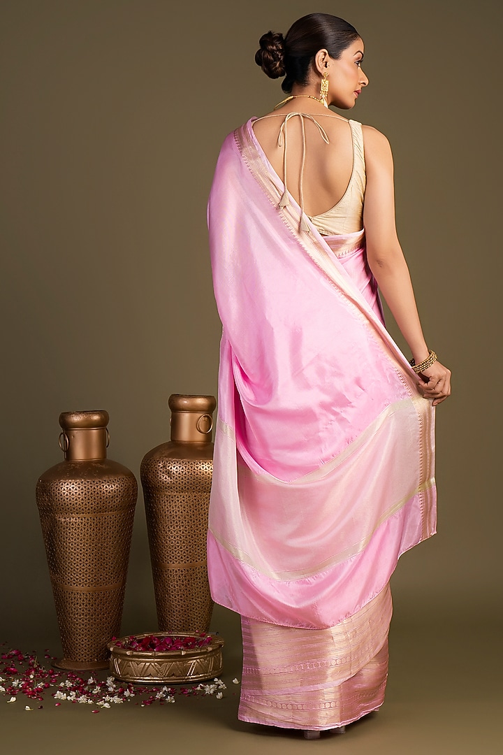 Pink Pure Silk Brocade & Printed Banarasi Handloom Party Wear Saree Set by Zal From Benaras at Pernia's Pop Up Shop