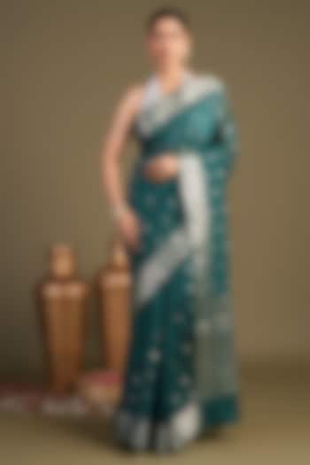 Teal Blue Pure Silk Banarasi Handloom Festive Saree Set by Zal From Benaras at Pernia's Pop Up Shop