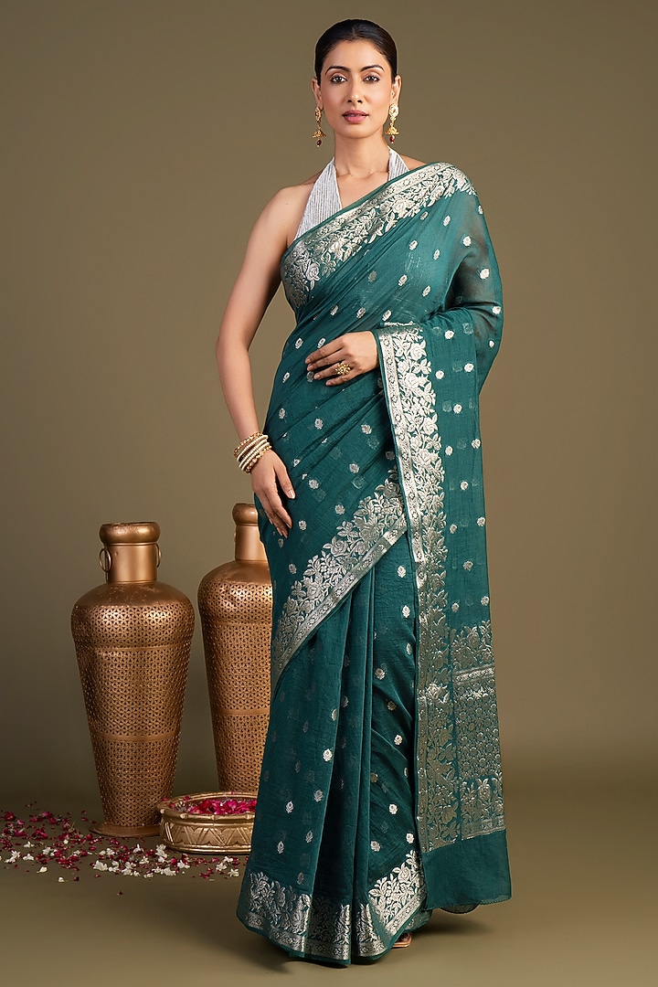Teal Blue Pure Silk Banarasi Handloom Festive Saree Set by Zal From Benaras at Pernia's Pop Up Shop
