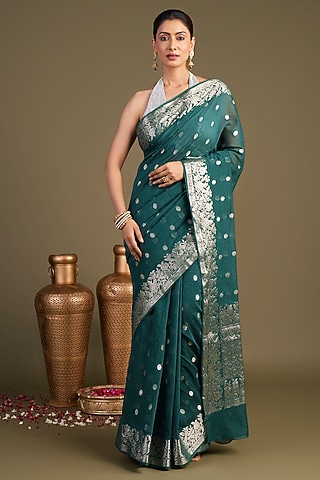 Teal Blue Pure Silk Banarasi Handloom Saree Set by Zal From Benaras