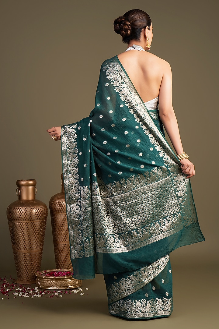 Teal Blue Pure Silk Banarasi Handloom Festive Saree Set by Zal From Benaras at Pernia's Pop Up Shop