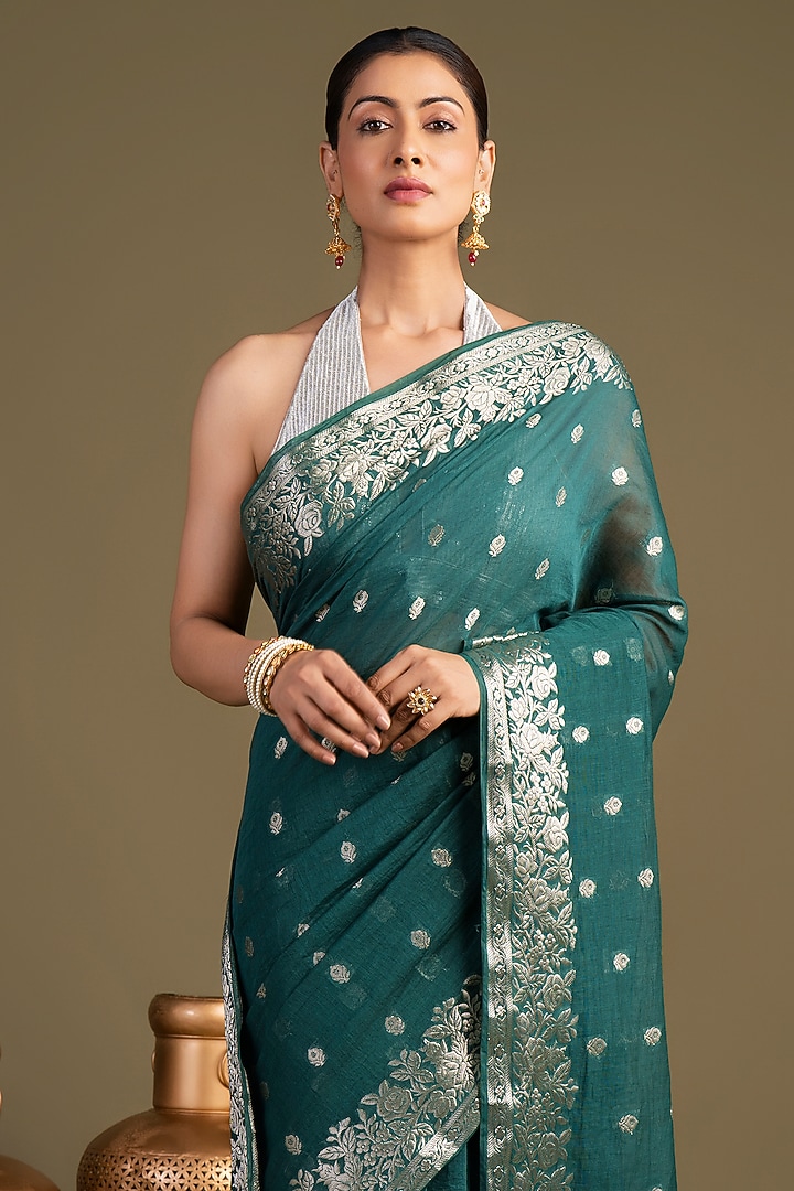 Teal Blue Pure Silk Banarasi Handloom Festive Saree Set by Zal From Benaras at Pernia's Pop Up Shop