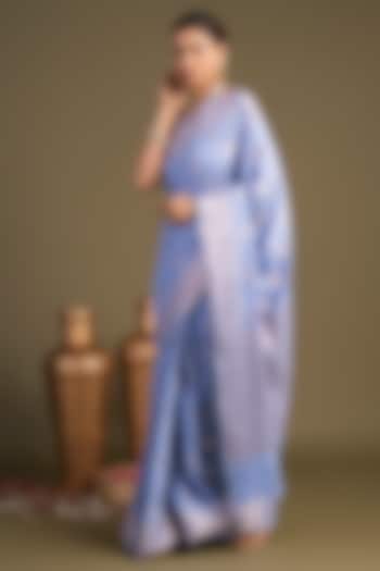 Ice Blue Pure Monga Silk Printed Banarasi Handloom Festive Saree Set by Zal From Benaras at Pernia's Pop Up Shop