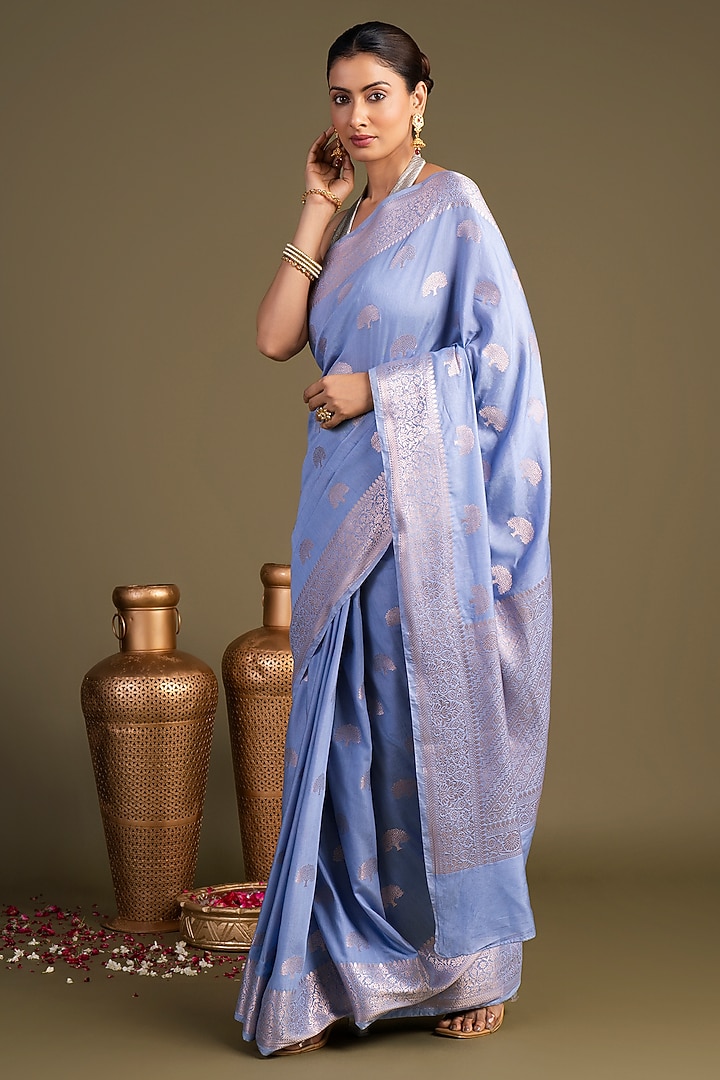 Ice Blue Pure Monga Silk Printed Banarasi Handloom Festive Saree Set by Zal From Benaras at Pernia's Pop Up Shop