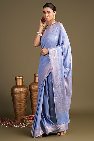 Ice Blue Pure Monga Silk Printed Banarasi Handloom Saree Set by Zal From Benaras