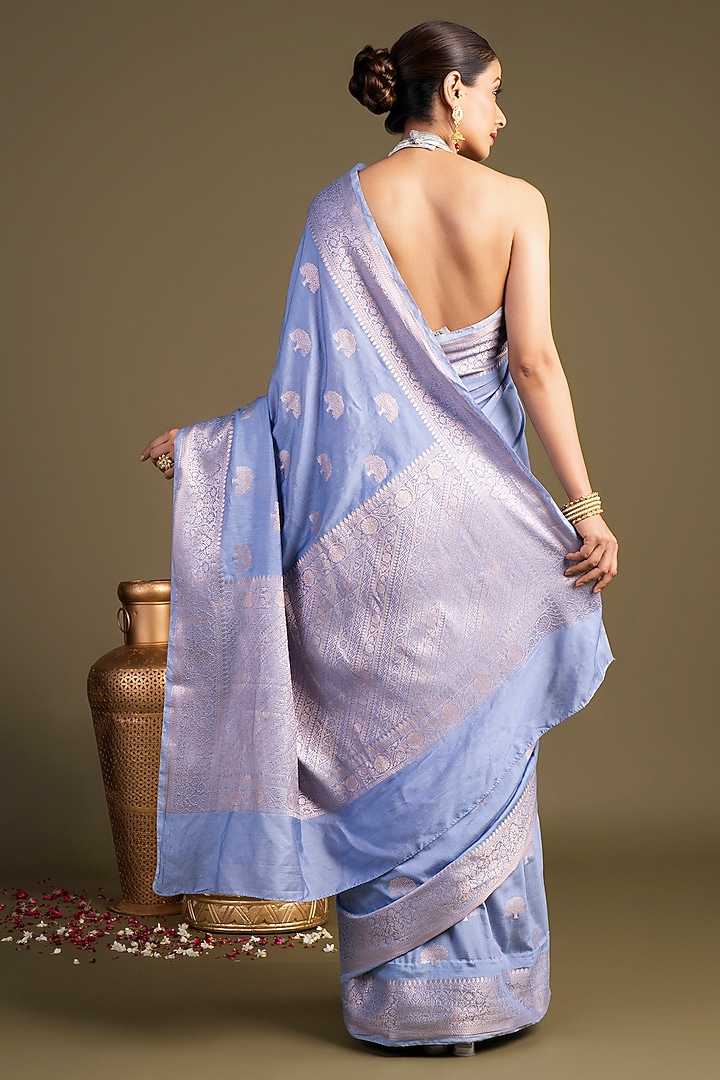 Ice Blue Pure Monga Silk Printed Banarasi Handloom Festive Saree Set by Zal From Benaras at Pernia's Pop Up Shop