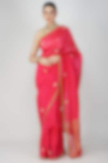 Red Pure Chanderi Silk Hand Embroidered Party Wear Saree Set by Zal From Benaras at Pernia's Pop Up Shop