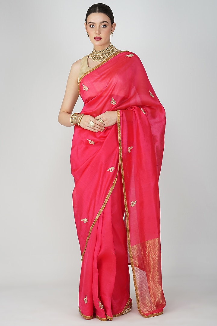 Red Pure Chanderi Silk Hand Embroidered Party Wear Saree Set by Zal From Benaras at Pernia's Pop Up Shop
