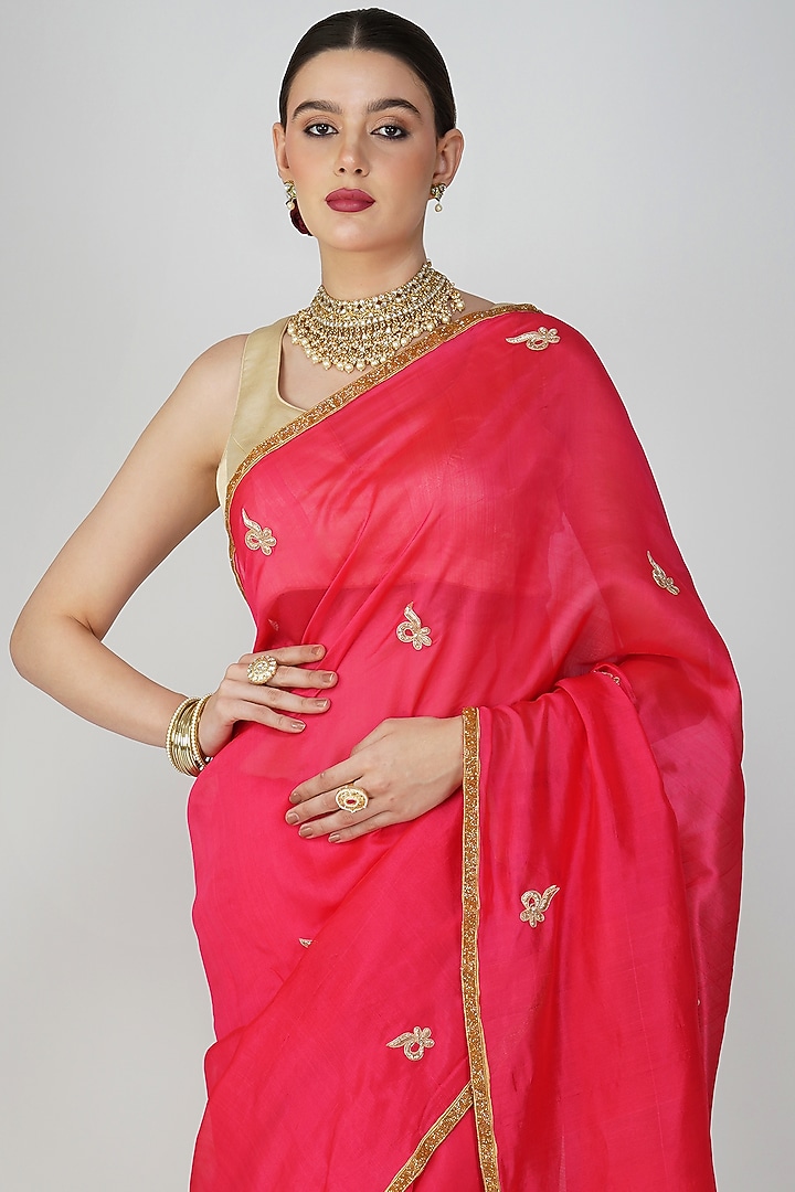Red Pure Chanderi Silk Hand Embroidered Party Wear Saree Set by Zal From Benaras at Pernia's Pop Up Shop