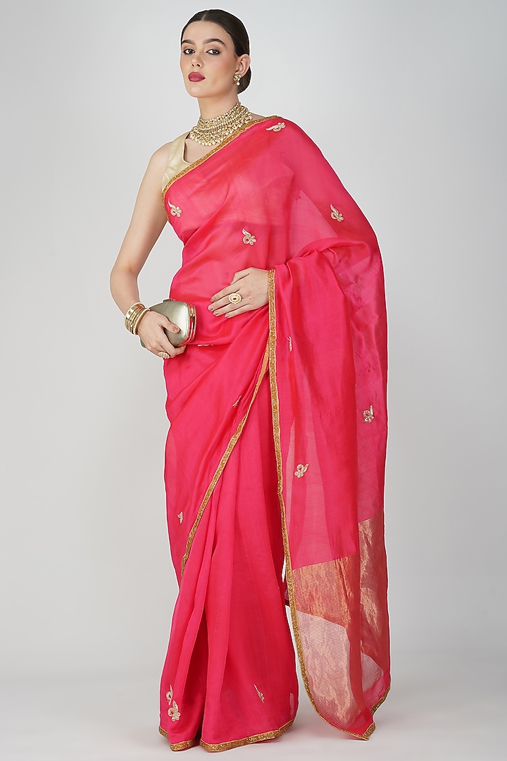 Red Pure Chanderi Silk Hand Embroidered Party Wear Saree Set by Zal From Benaras at Pernia's Pop Up Shop