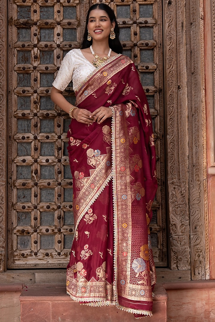Maroon Pure Chiffon Banarasi Silk Handloom Party Wear Saree Set by Zal From Benaras at Pernia's Pop Up Shop