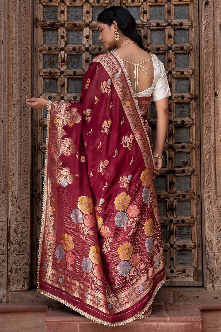 Maroon Pure Chiffon Banarasi Silk Handloom Party Wear Saree Set by Zal From Benaras at Pernia's Pop Up Shop
