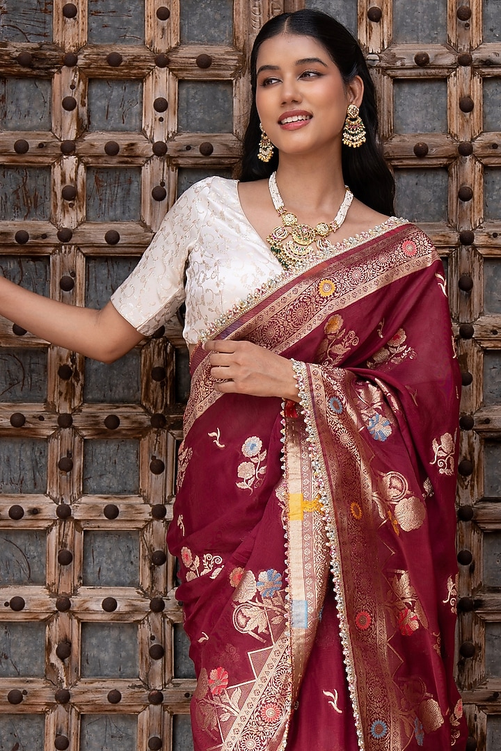 Maroon Pure Chiffon Banarasi Silk Handloom Party Wear Saree Set by Zal From Benaras at Pernia's Pop Up Shop