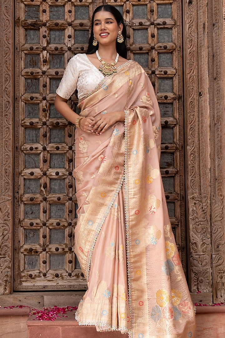 Onion Pink Pure Chiffon Banarasi Silk Handloom Party Wear Saree Set by Zal From Benaras at Pernia's Pop Up Shop