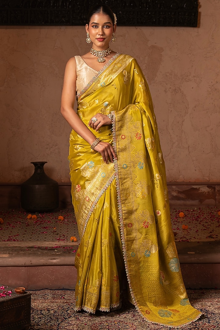 Green Pure Chiffon Banarasi Silk Handloom Party Wear Saree Set by Zal From Benaras at Pernia's Pop Up Shop