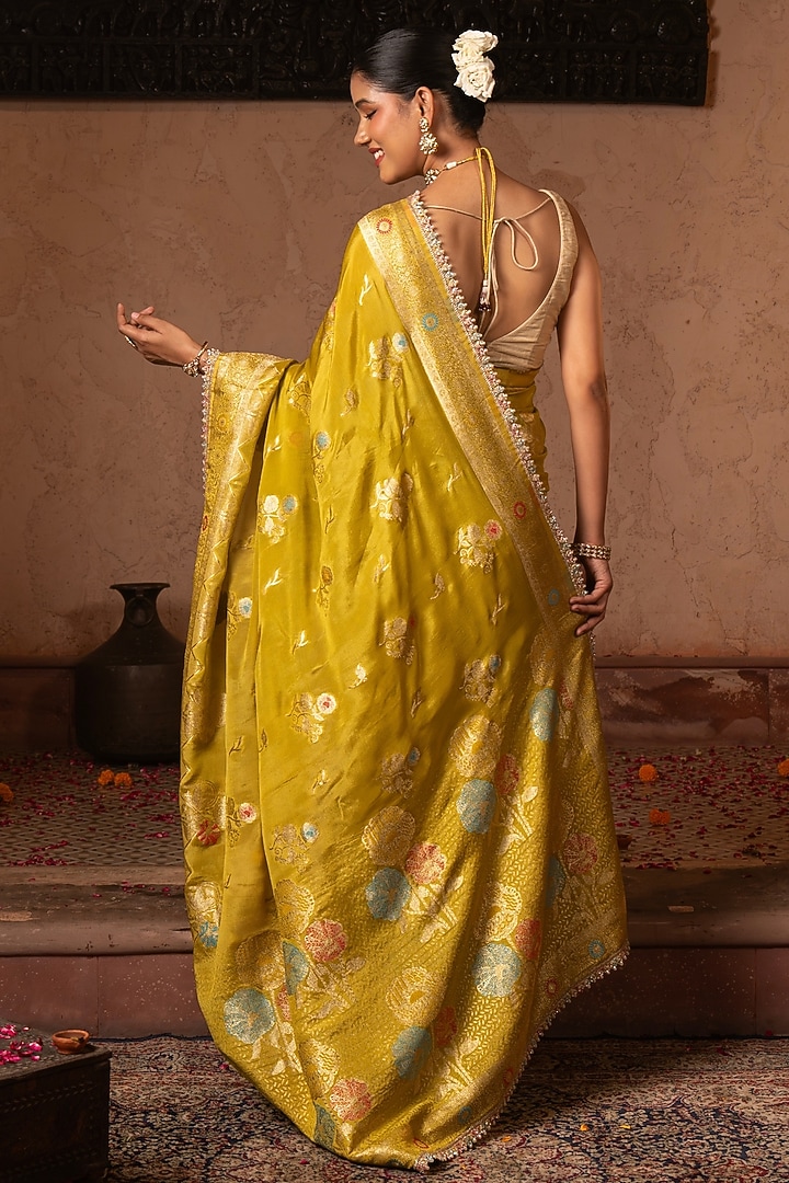 Green Pure Chiffon Banarasi Silk Handloom Party Wear Saree Set by Zal From Benaras at Pernia's Pop Up Shop