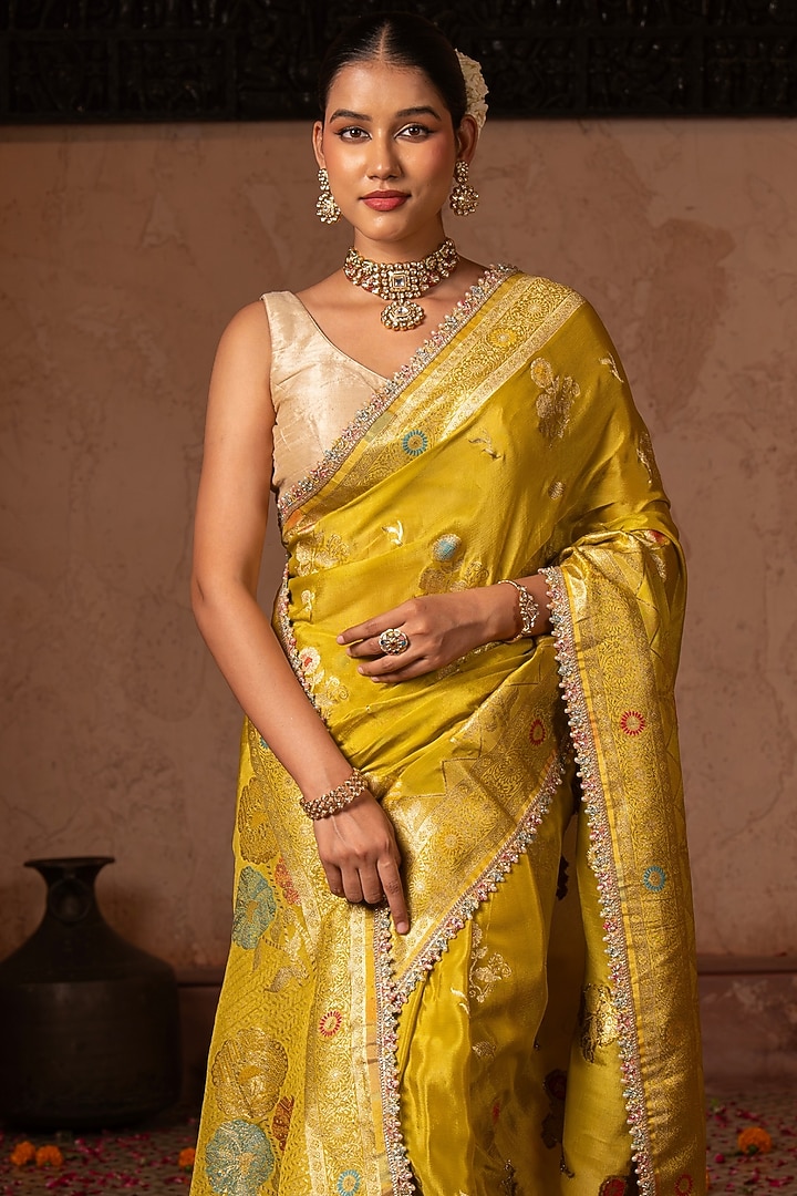 Green Pure Chiffon Banarasi Silk Handloom Party Wear Saree Set by Zal From Benaras at Pernia's Pop Up Shop