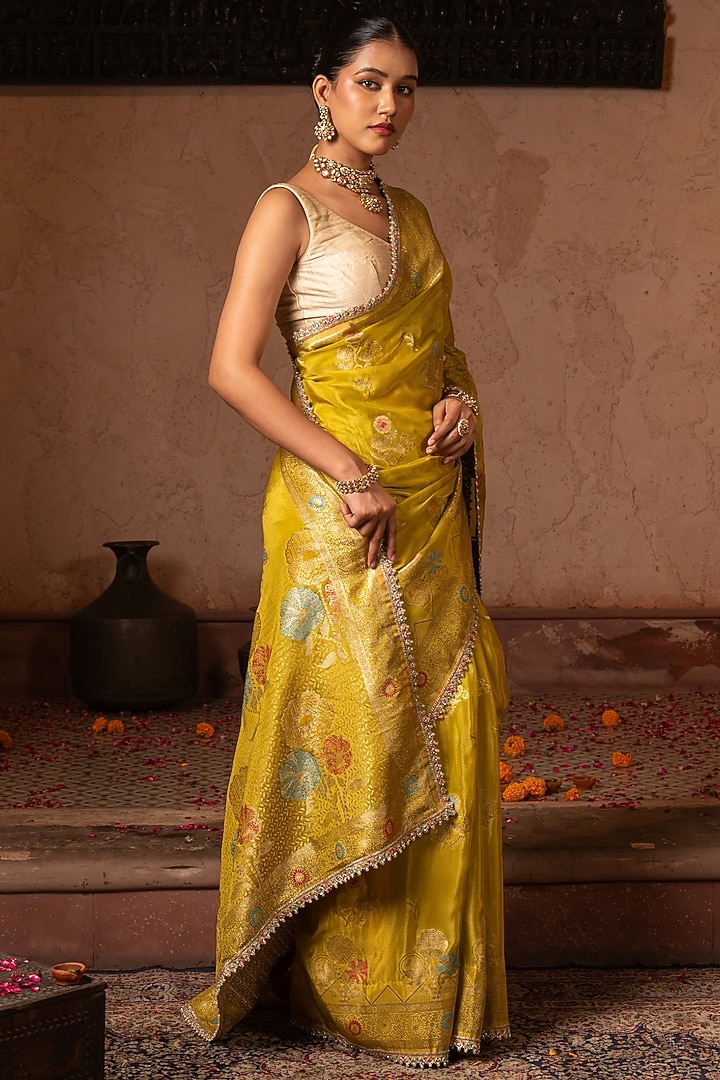 Green Pure Chiffon Banarasi Silk Handloom Party Wear Saree Set by Zal From Benaras at Pernia's Pop Up Shop