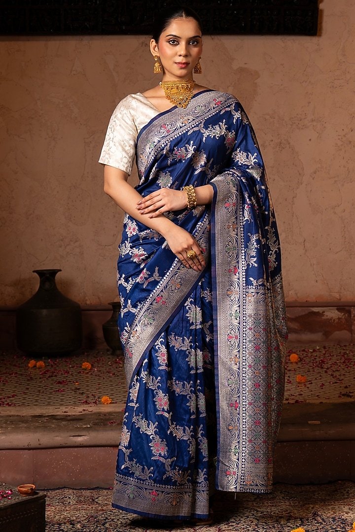 Blue Pure Katan Banarasi Silk Handloom Party Wear Saree Set by Zal From Benaras at Pernia's Pop Up Shop