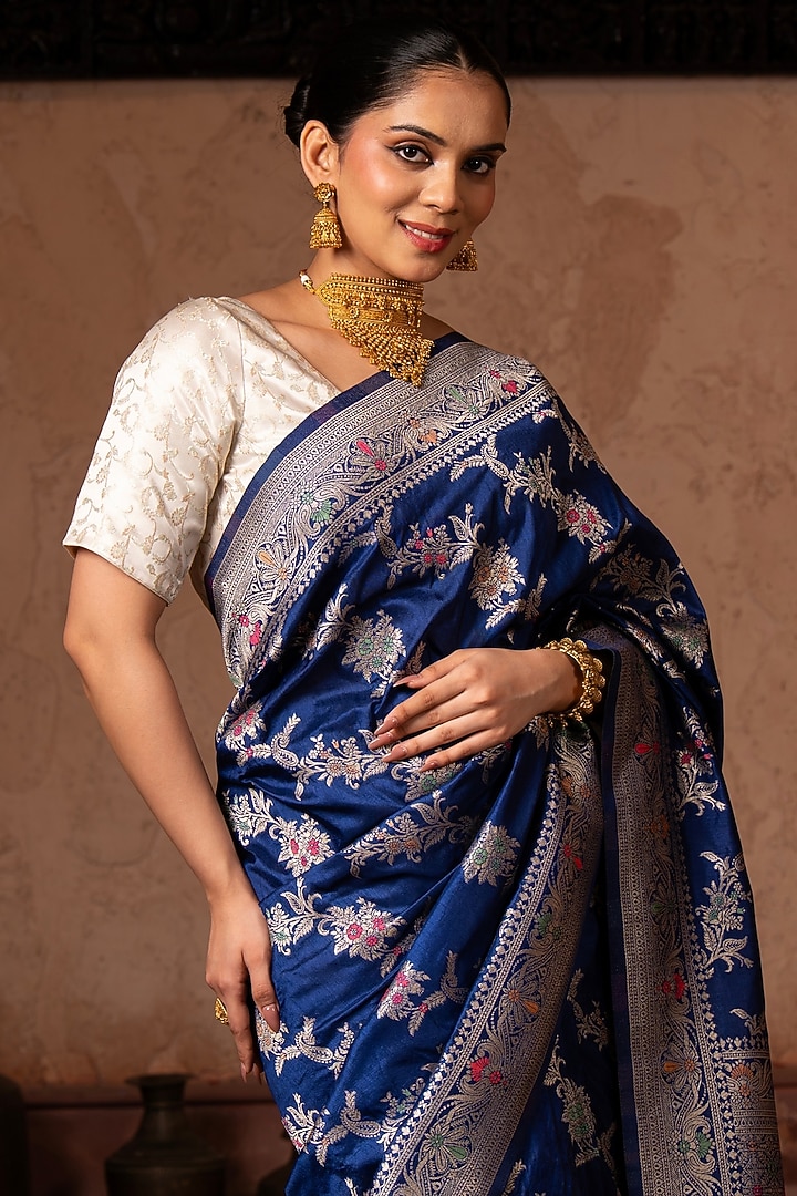 Blue Pure Katan Banarasi Silk Handloom Party Wear Saree Set by Zal From Benaras at Pernia's Pop Up Shop