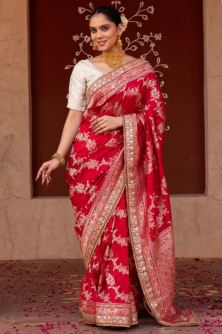 Red Pure Katan Banarasi Silk Handloom Party Wear Saree Set by Zal From Benaras at Pernia's Pop Up Shop